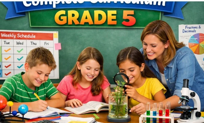 Fifth grade students learning in classroom with teacher - complete curriculum grade 5