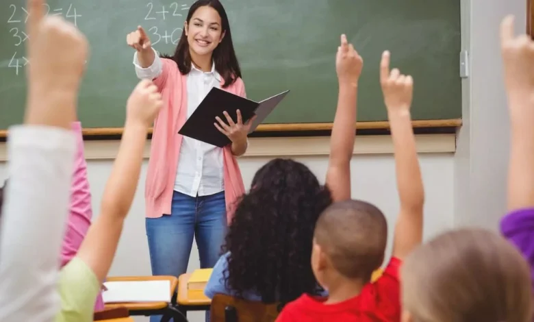Teacher teaching students raising hands in classroom - Curriculum Growth Strategies for Schools