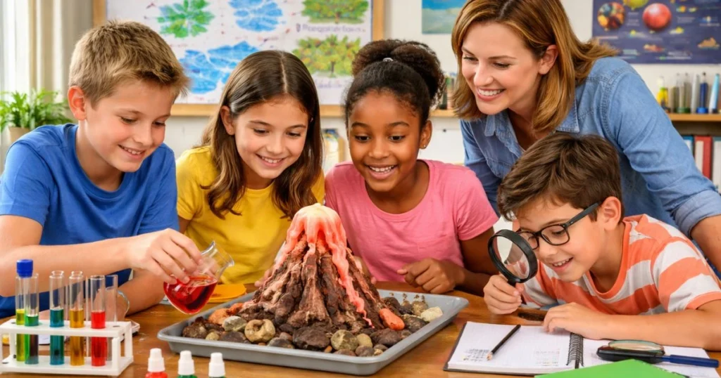 Fifth grade students doing hands-on science project with teacher guidance - complete curriculum grade 5
