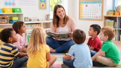 Preschool Circle Time Activities with teacher and children in classroom circle
