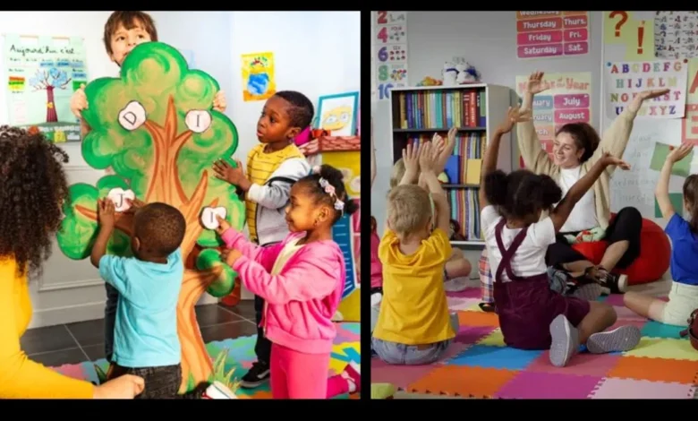 Preschool Classroom Activities with kids learning alphabet and interactive classroom games