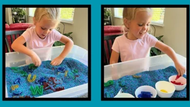 Child playing with colorful sensory bins for preschoolers