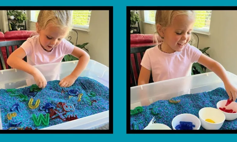 Child playing with colorful sensory bins for preschoolers