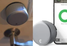 August Wi-Fi Smart Lock installed on a modern wooden door