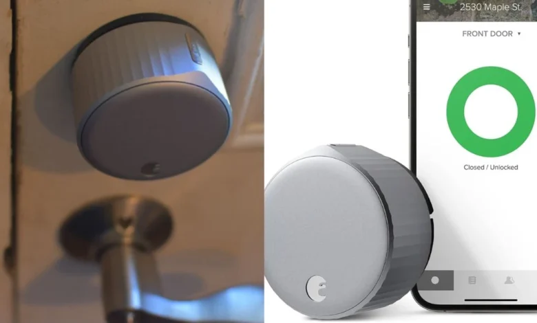 August Wi-Fi Smart Lock installed on a modern wooden door